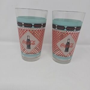 Set Of‎ 2 Vintage Coca-Cola Retro Style Checkered Glasses